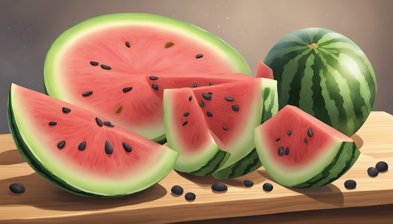 A watermelon slice sits on a wooden cutting board, surrounded by scattered seeds and a few droplets of juice. The flesh of the watermelon appears to be slightly discolored and emits a sour odor