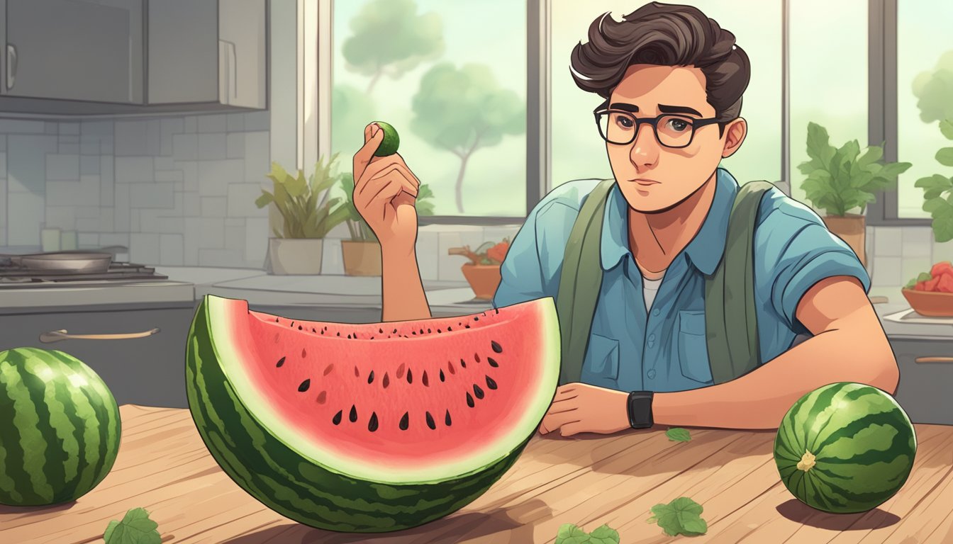 A watermelon cut open with a sour taste, surrounded by discarded rinds and a disappointed expression on a person's face