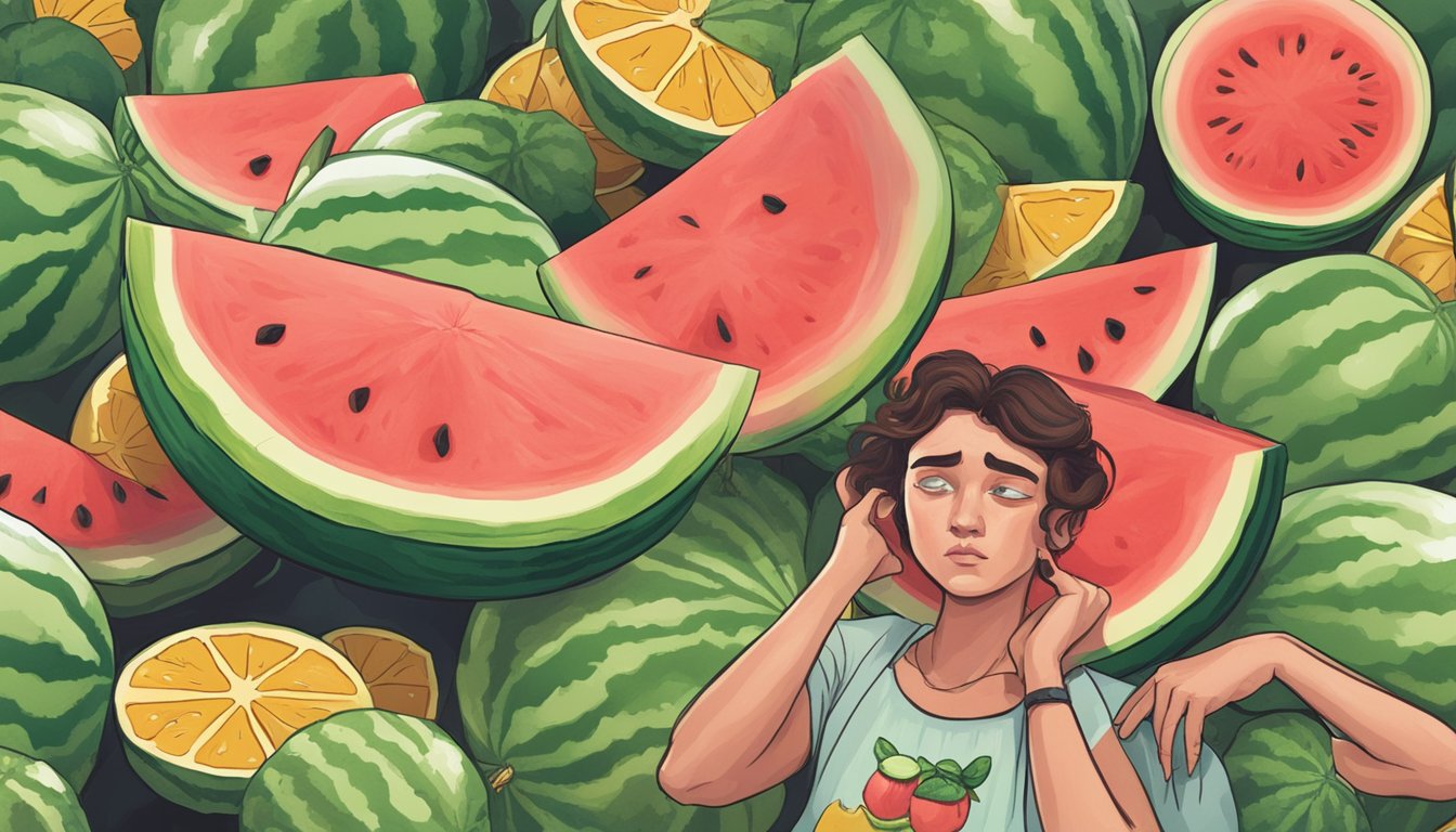 A slice of watermelon with a sour expression, surrounded by discarded rinds and a disappointed person