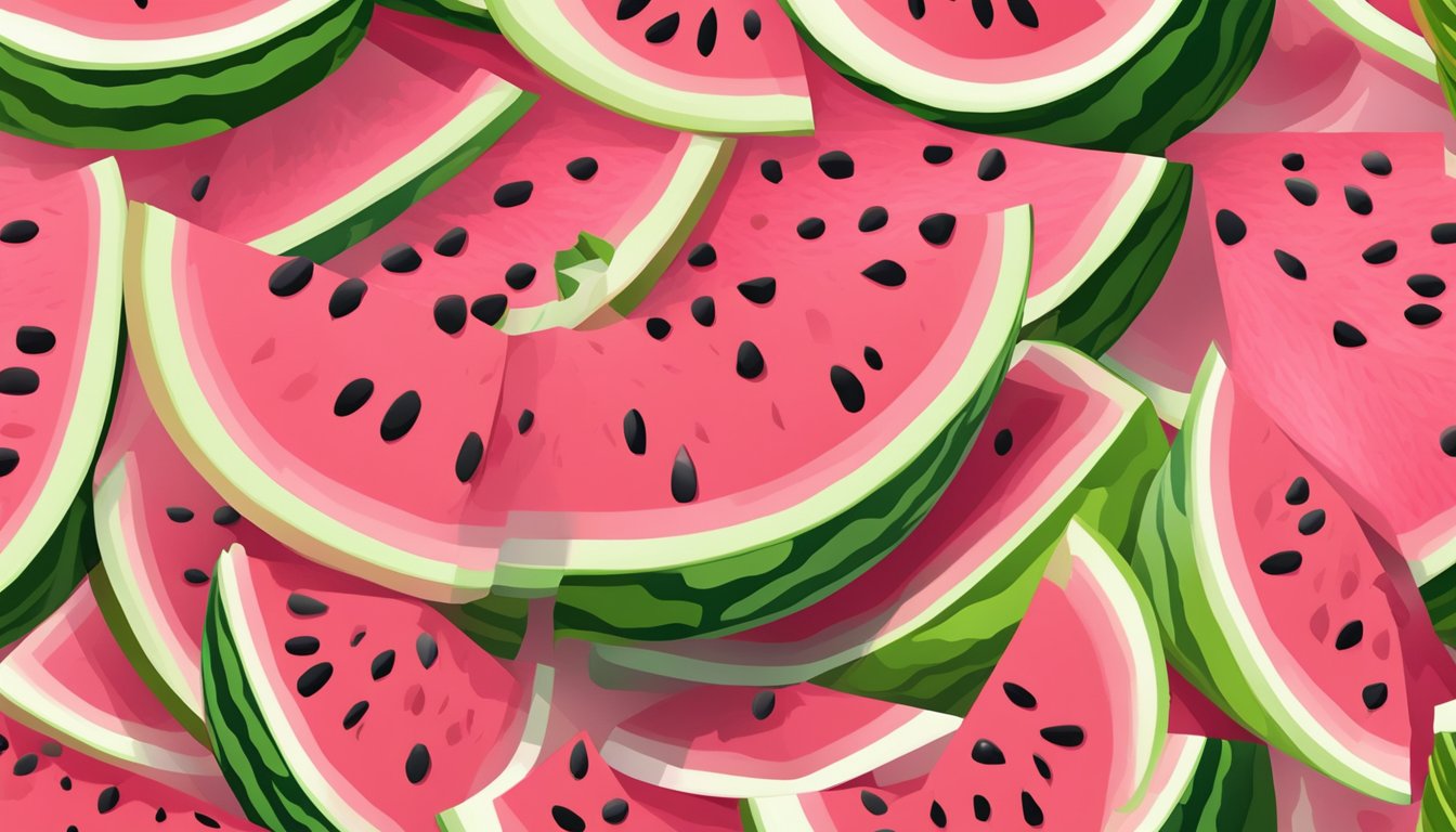 A watermelon sliced open to reveal its vibrant pink and green colors, with seeds scattered around