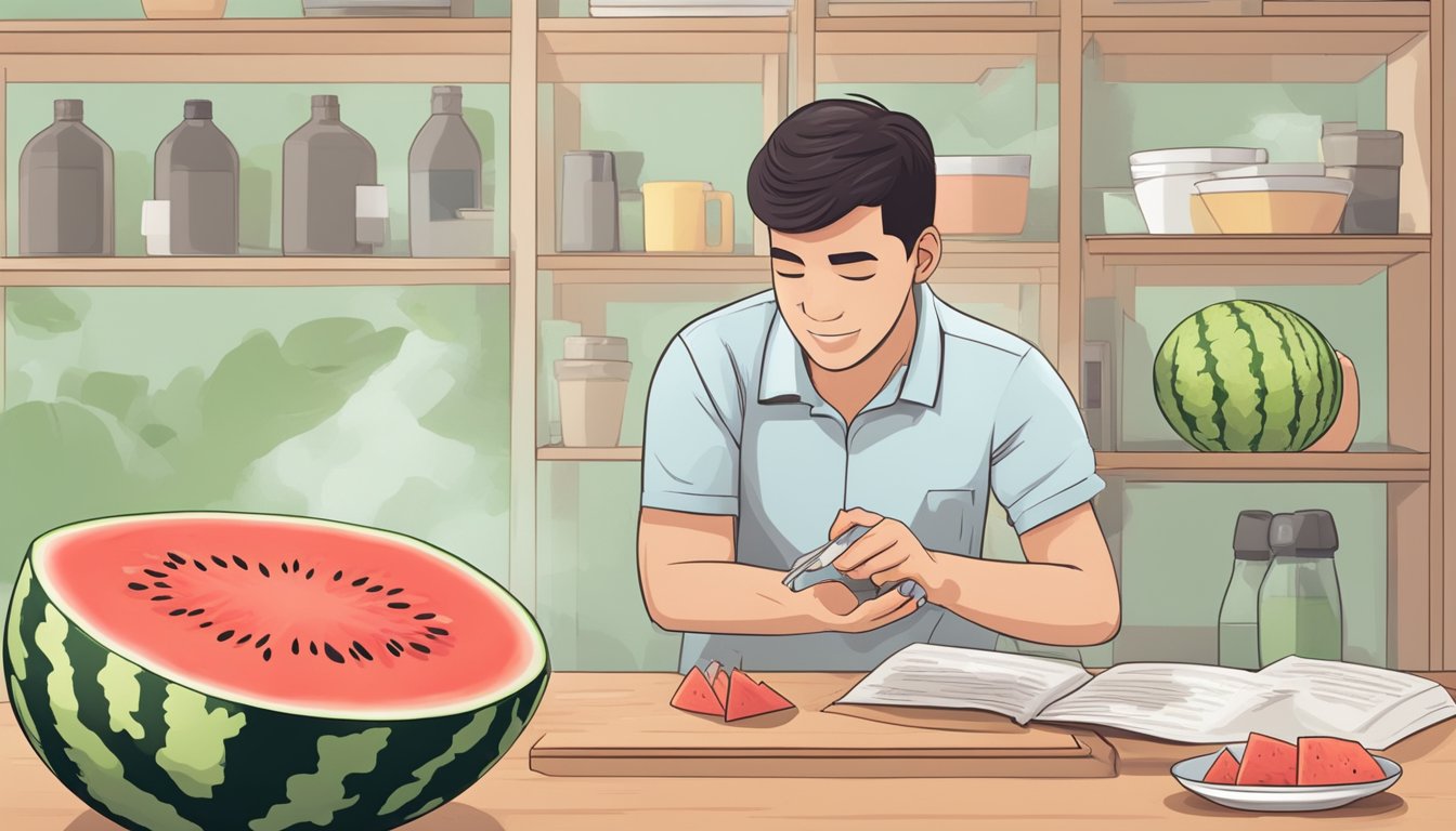 A watermelon being sliced open, revealing a sour taste. Nearby, a person discards the fruit and consults a list of preventive tips