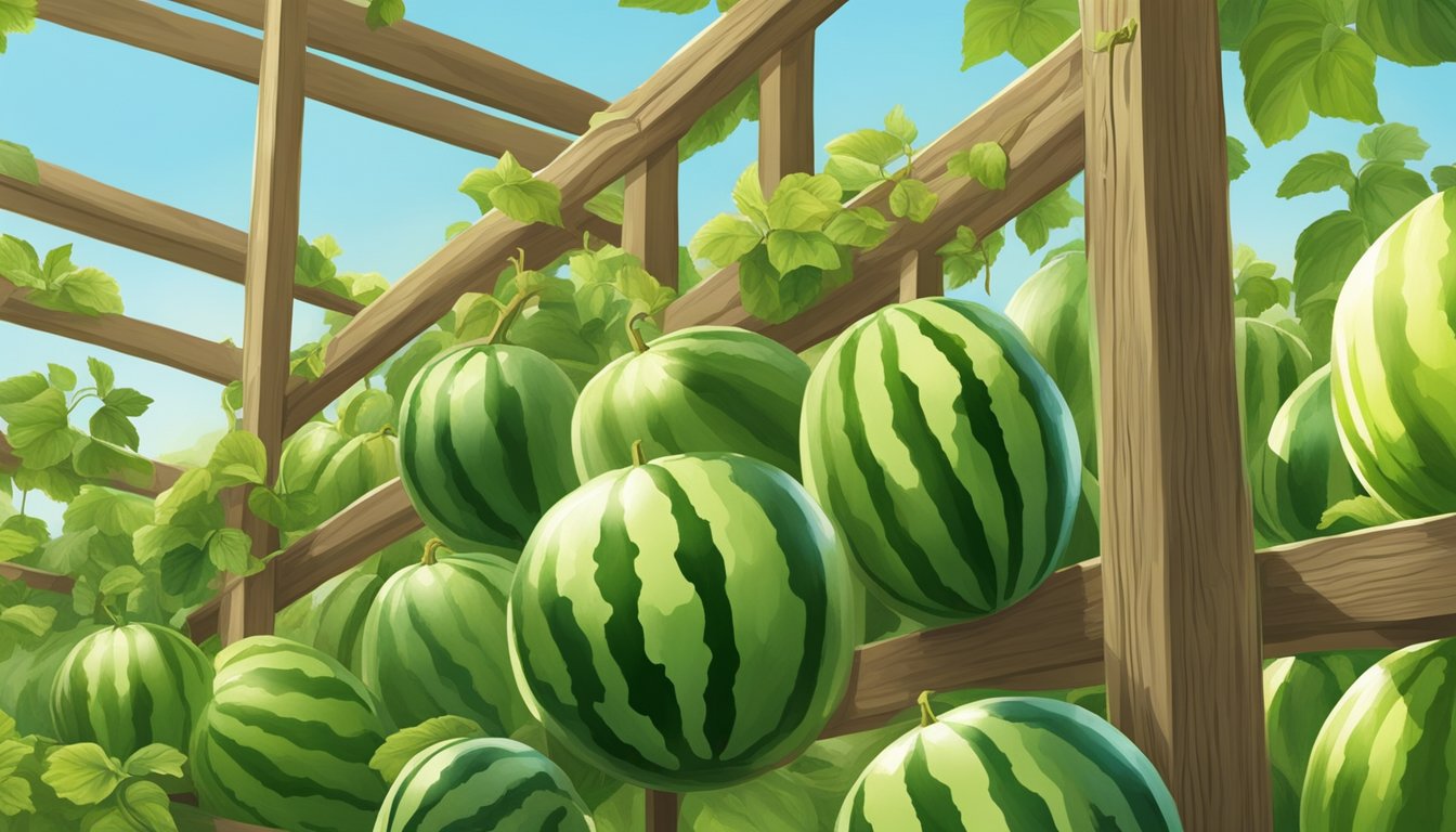 Vibrant green watermelon vines climb up wooden trellises, bearing round fruits in shades of deep green, striped light green, and pale yellow