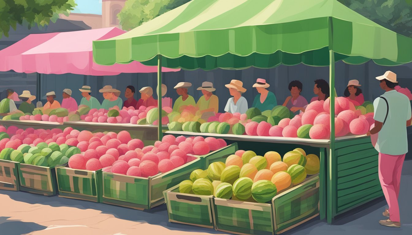 A vibrant display of watermelons in various shades of green and pink, arranged in a market stall, with customers examining the different options