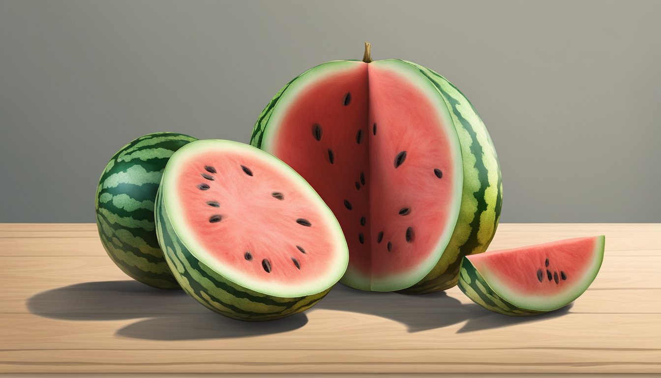 A watermelon sits on a countertop, its once vibrant green skin now mottled with dark spots and a slimy texture. A few flies buzz around the overripe fruit