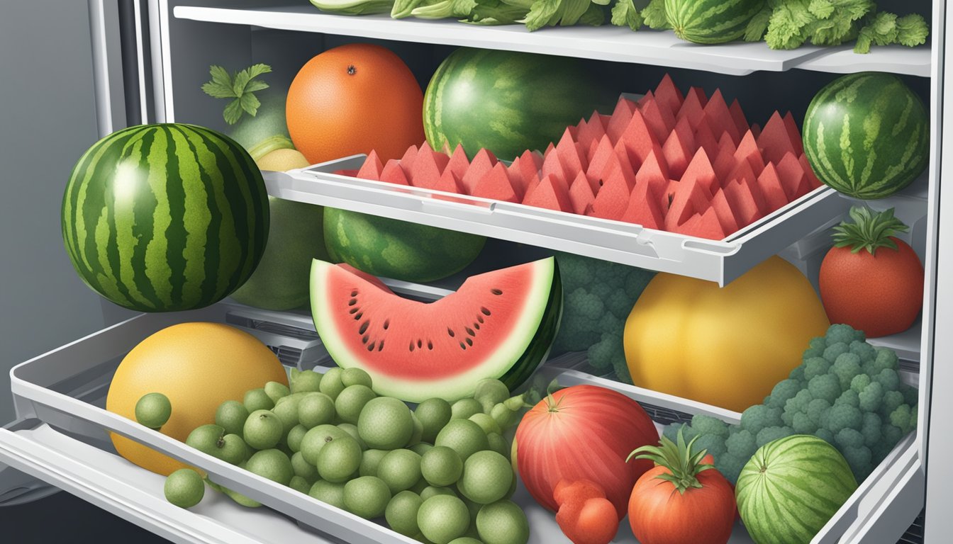 A watermelon sits in a clean, dry refrigerator crisper drawer, surrounded by other fruits and vegetables. The watermelon is whole and uncut, with no signs of spoilage