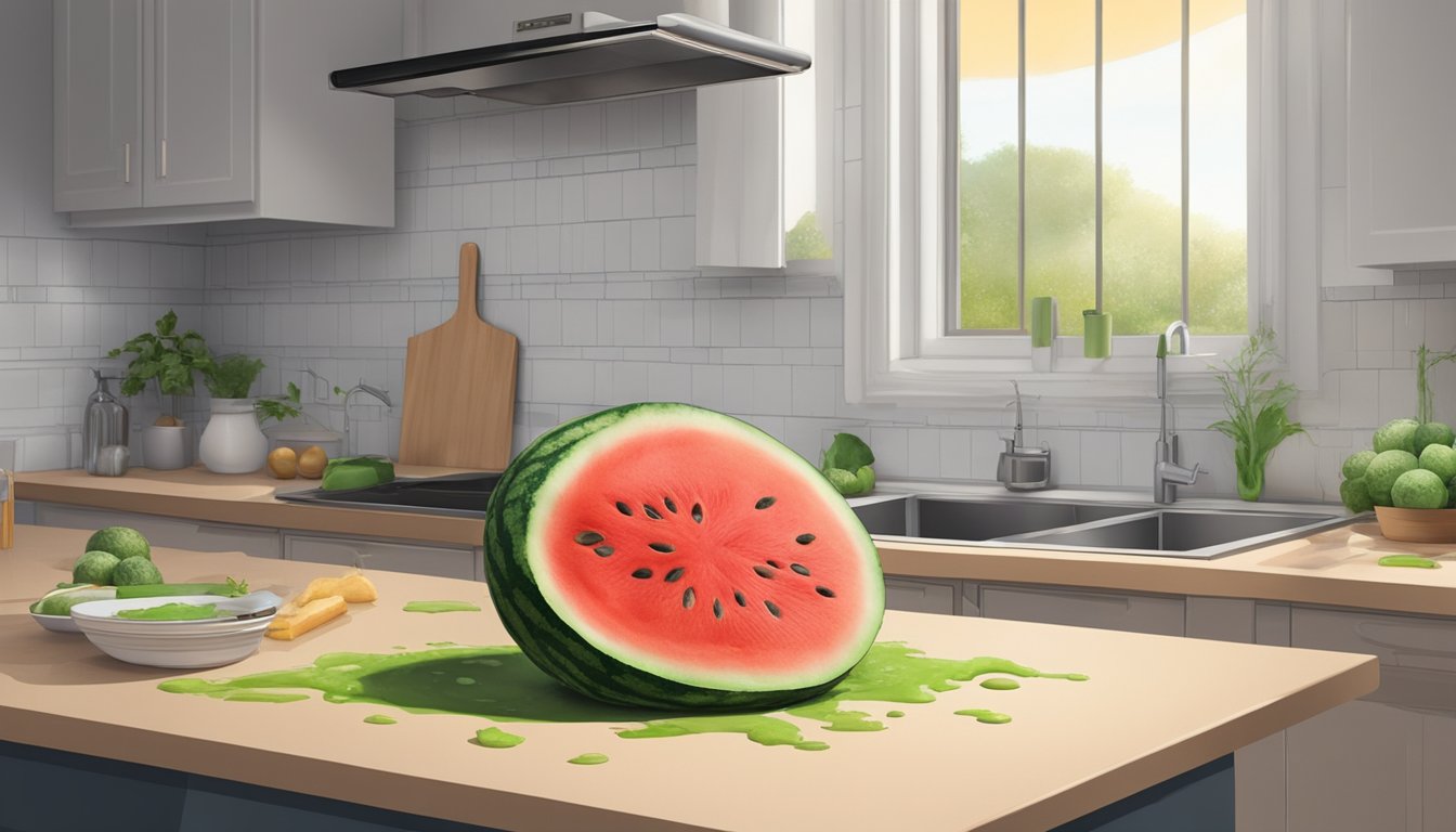 A rotten watermelon sits on a kitchen counter, emitting a foul odor. Mold and slime cover the surface, indicating potential health hazards