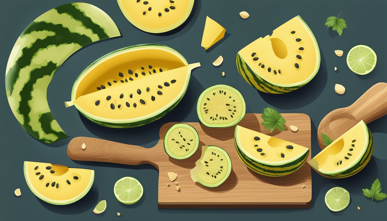 A yellow watermelon being sliced open on a cutting board, with seeds spilling out and a few slices arranged on a plate