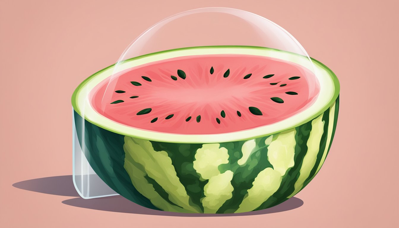 A watermelon sits in a sealed container with a moisture-absorbing pad underneath, preventing sliminess