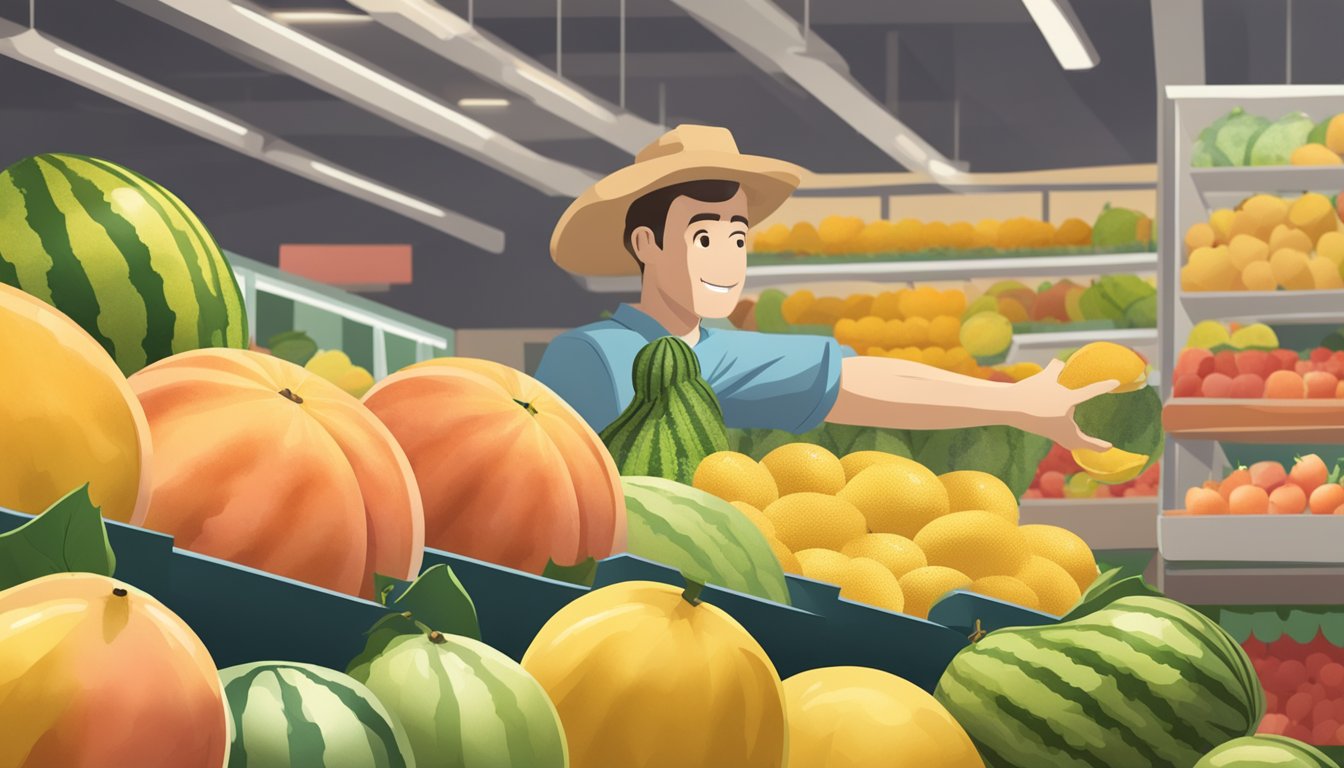 A hand reaching for a ripe, yellow watermelon in a grocery store display, with other fruits in the background