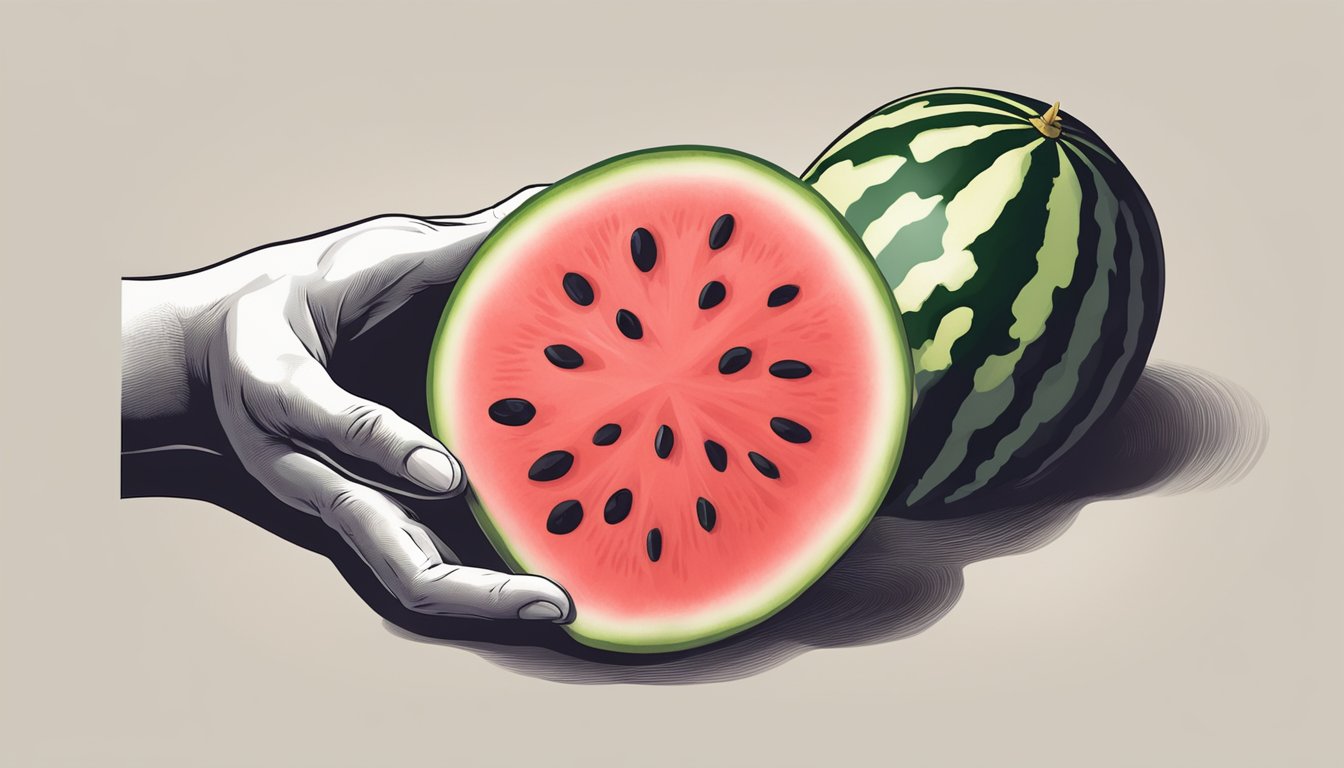 A hand reaching for a ripe, unblemished watermelon in a pile of slimy ones