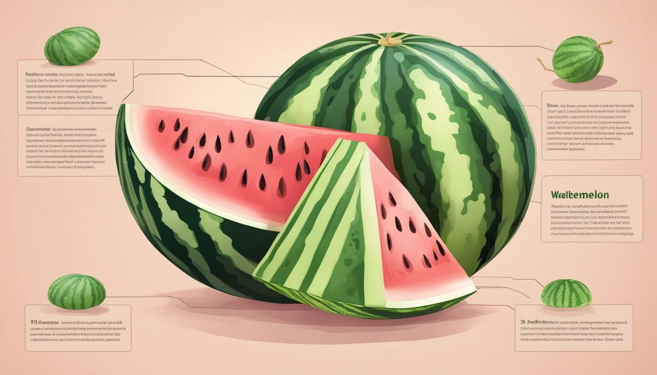 A watermelon with a slimy texture, surrounded by nutritional information and a dissected cross-section