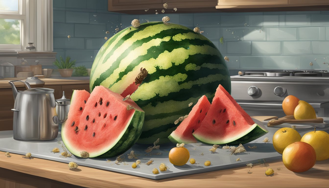 A rotting watermelon sits on a kitchen counter, surrounded by fruit flies and emitting a foul odor