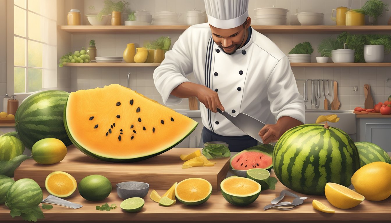 A chef slicing into a ripe, yellow-fleshed watermelon, surrounded by various kitchen utensils and ingredients