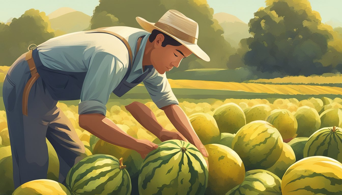 A farmer cutting open a ripe yellow watermelon in a sun-drenched field