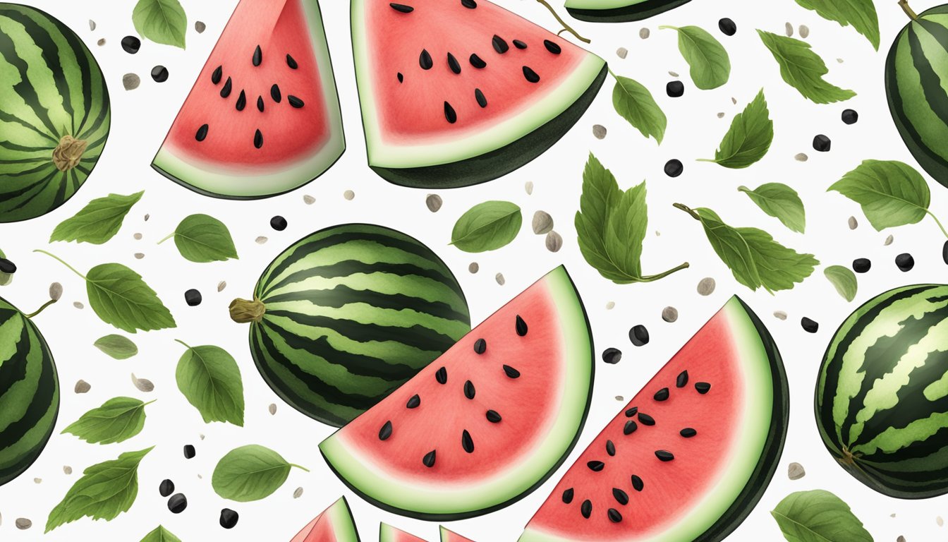 A close-up of a halved watermelon, one seedless and the other with scattered black seeds, set against a white background