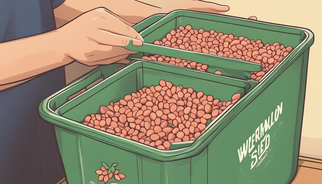 A hand placing watermelon seeds into a labeled container for storage