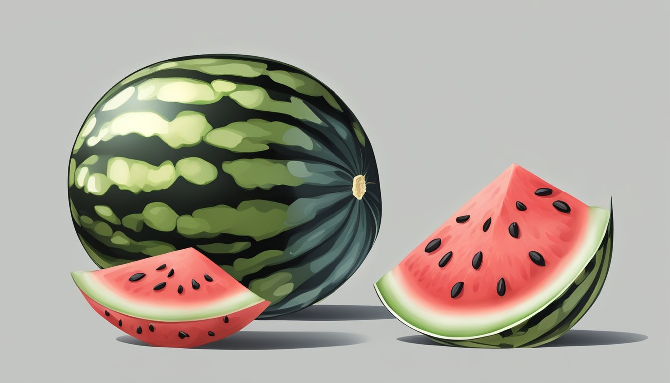 A ripe watermelon with black seeds, cut open to reveal the juicy red flesh and the seeds scattered on a clean white plate