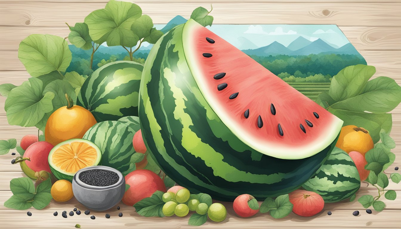 A watermelon with black seeds sits on a rustic wooden table surrounded by vibrant green vines and leaves. The backdrop includes a diverse array of regional landscapes and cultural symbols