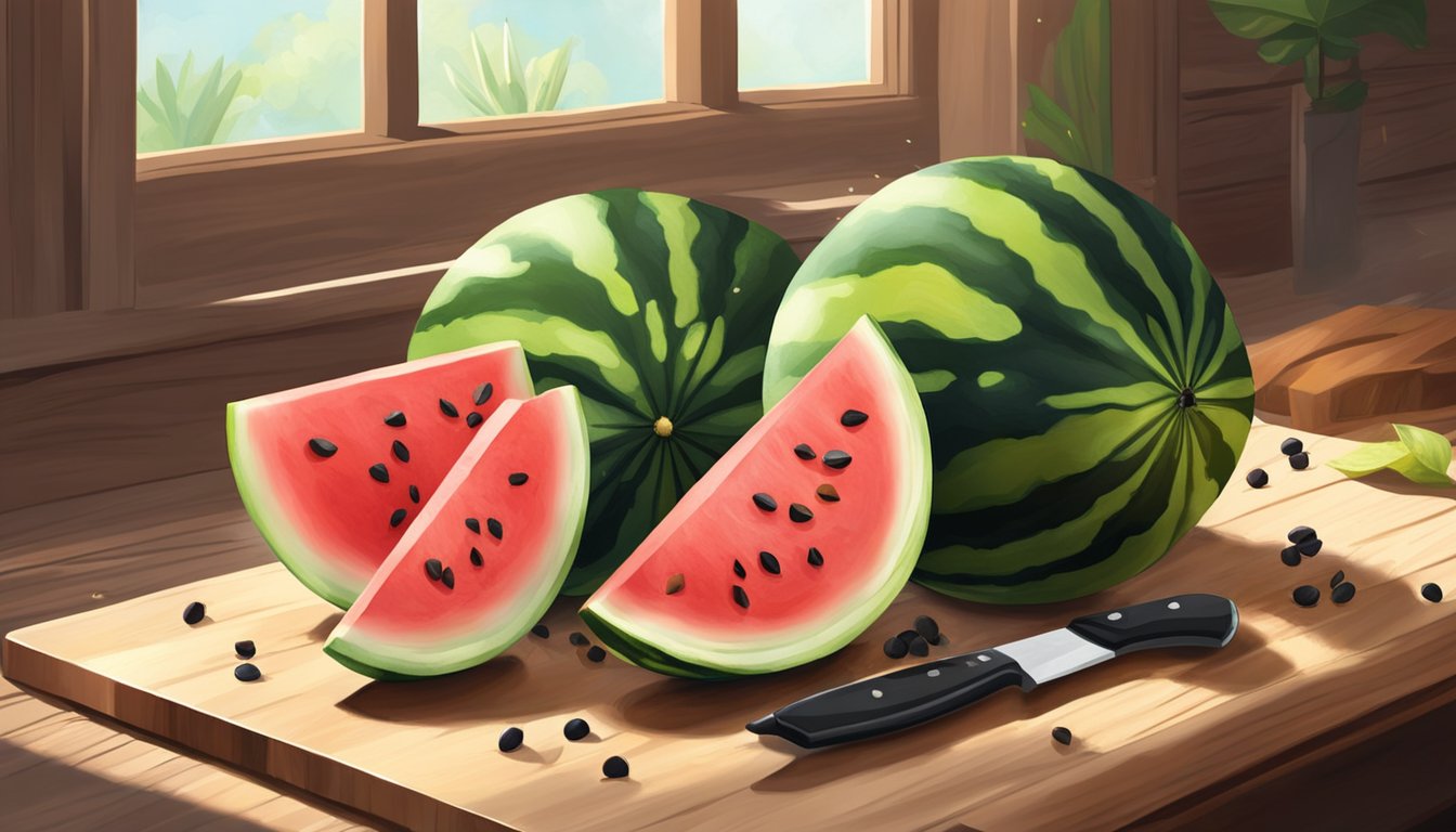 A ripe watermelon with black seeds sits on a wooden cutting board, surrounded by scattered seeds and a knife. Sunlight streams in from a nearby window