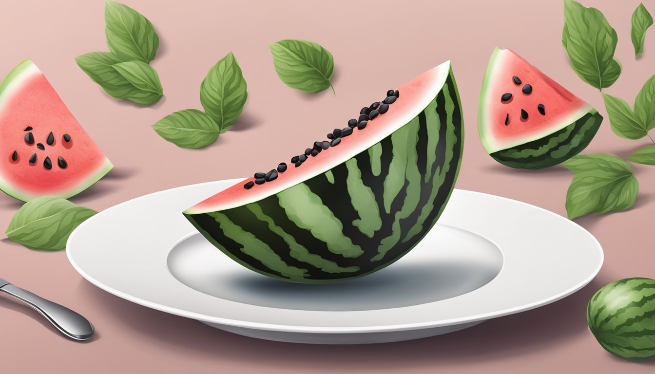 A watermelon slice with visible black seeds on a white plate