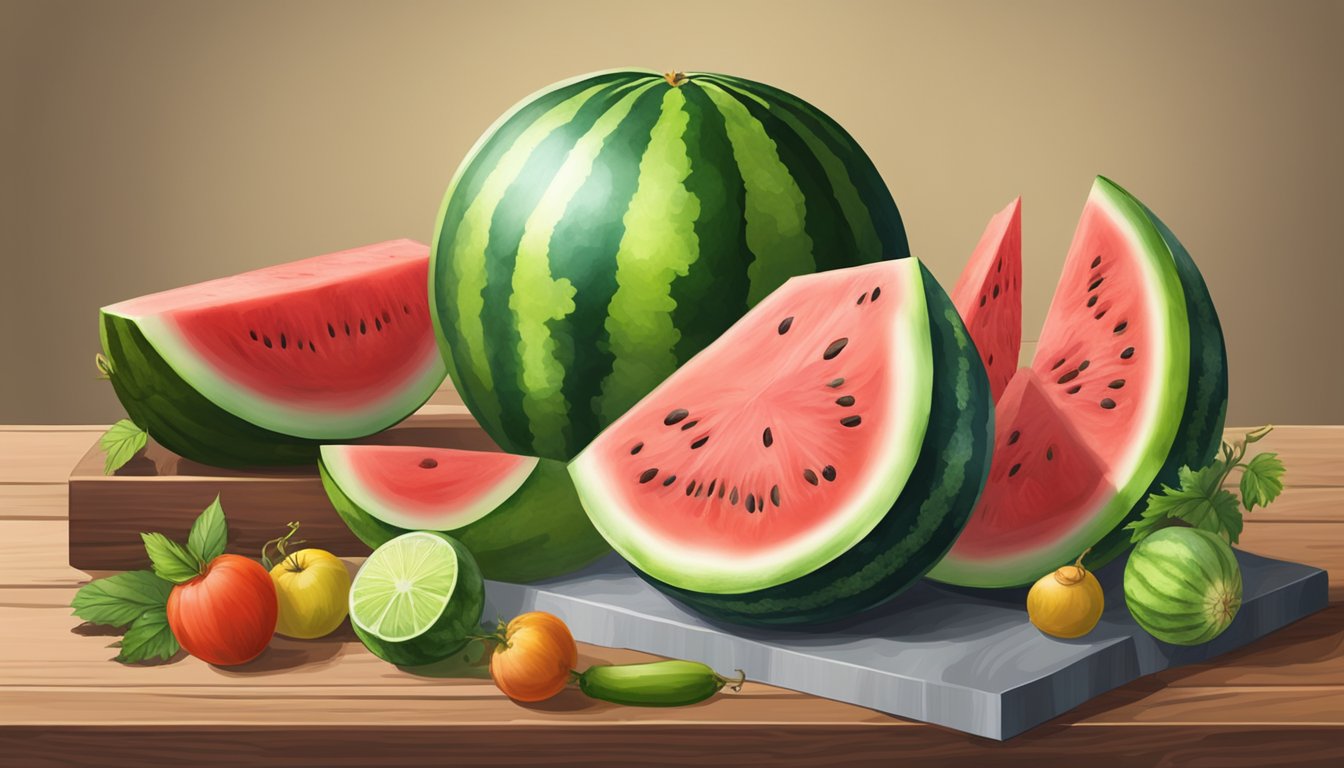 A ripe, seedless watermelon sits on a wooden table at a farmer's market, surrounded by other fresh fruits and vegetables