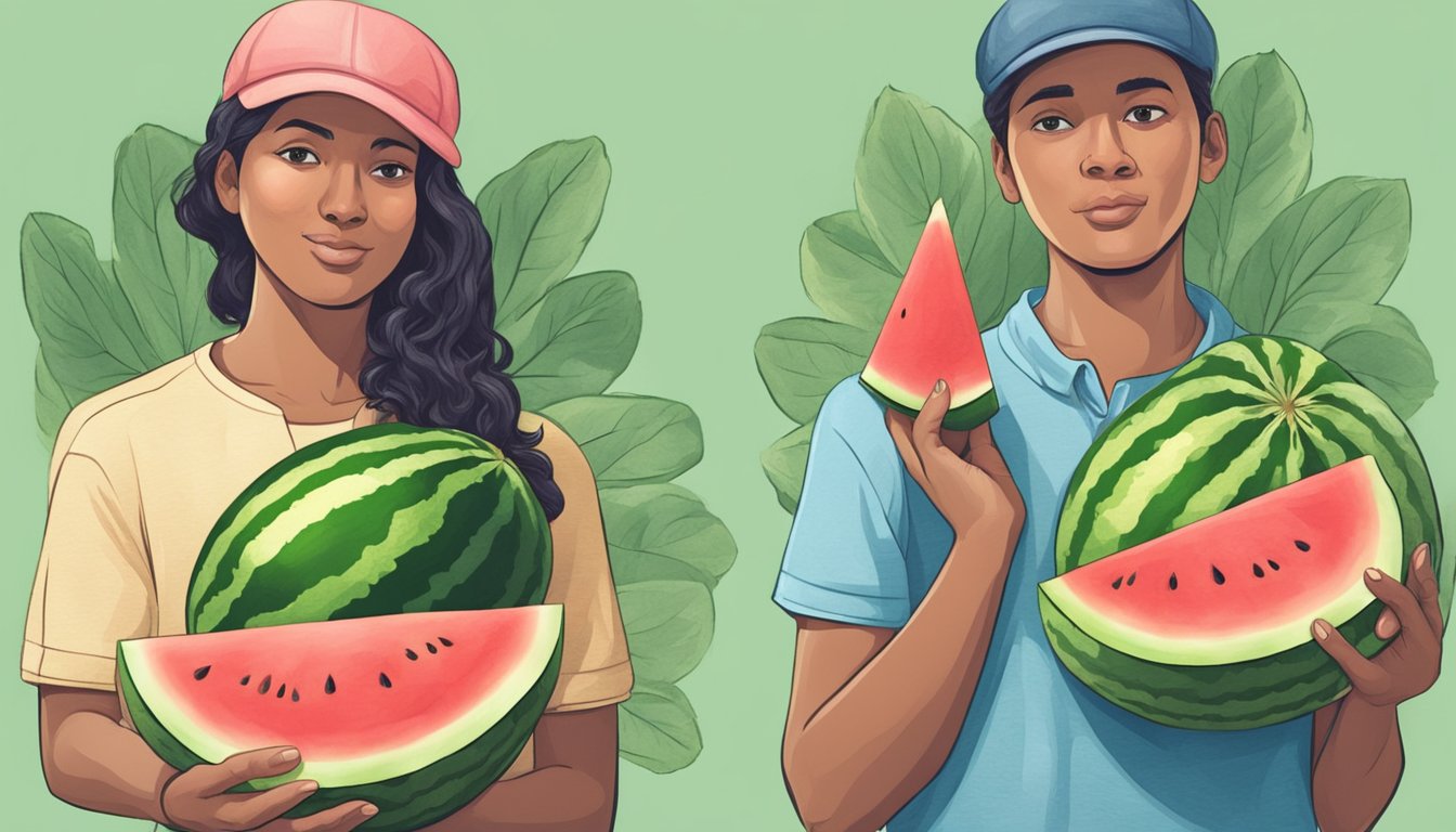 A person holding two watermelons, one ripe and juicy, the other unripe and pale, with a thoughtful expression