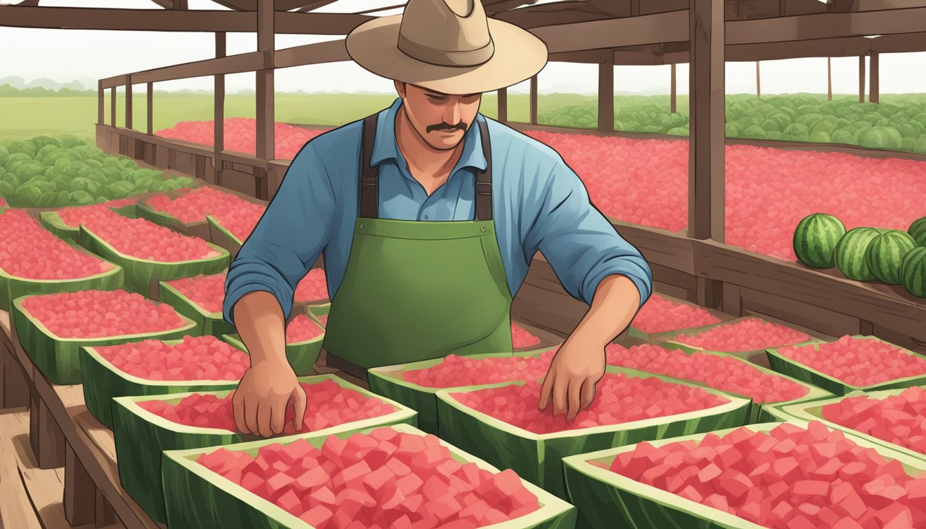 A farmer cutting and storing seedless watermelons in a barn