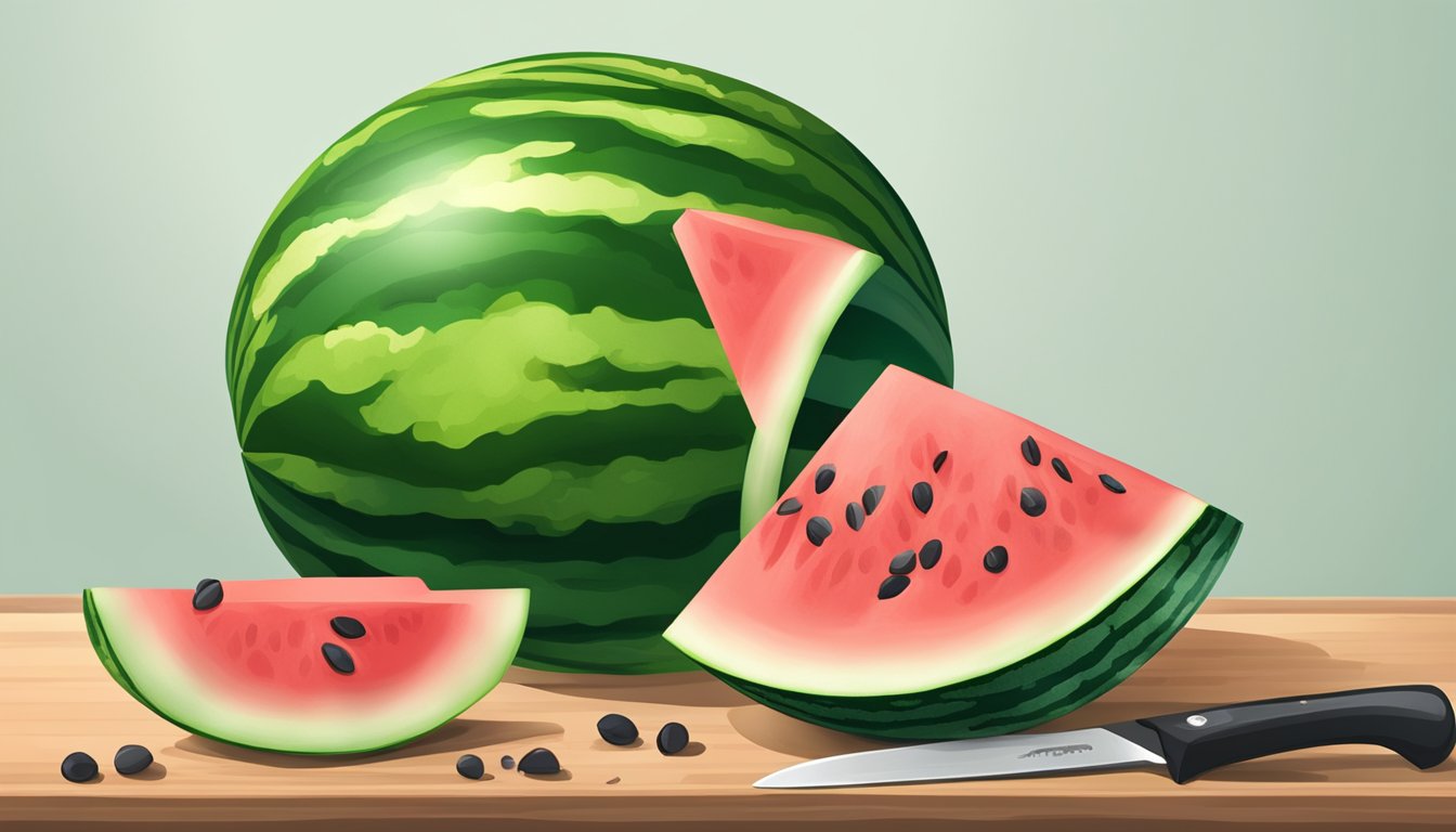 A juicy, ripe watermelon sliced open on a cutting board, with a few seeds scattered around and a knife nearby