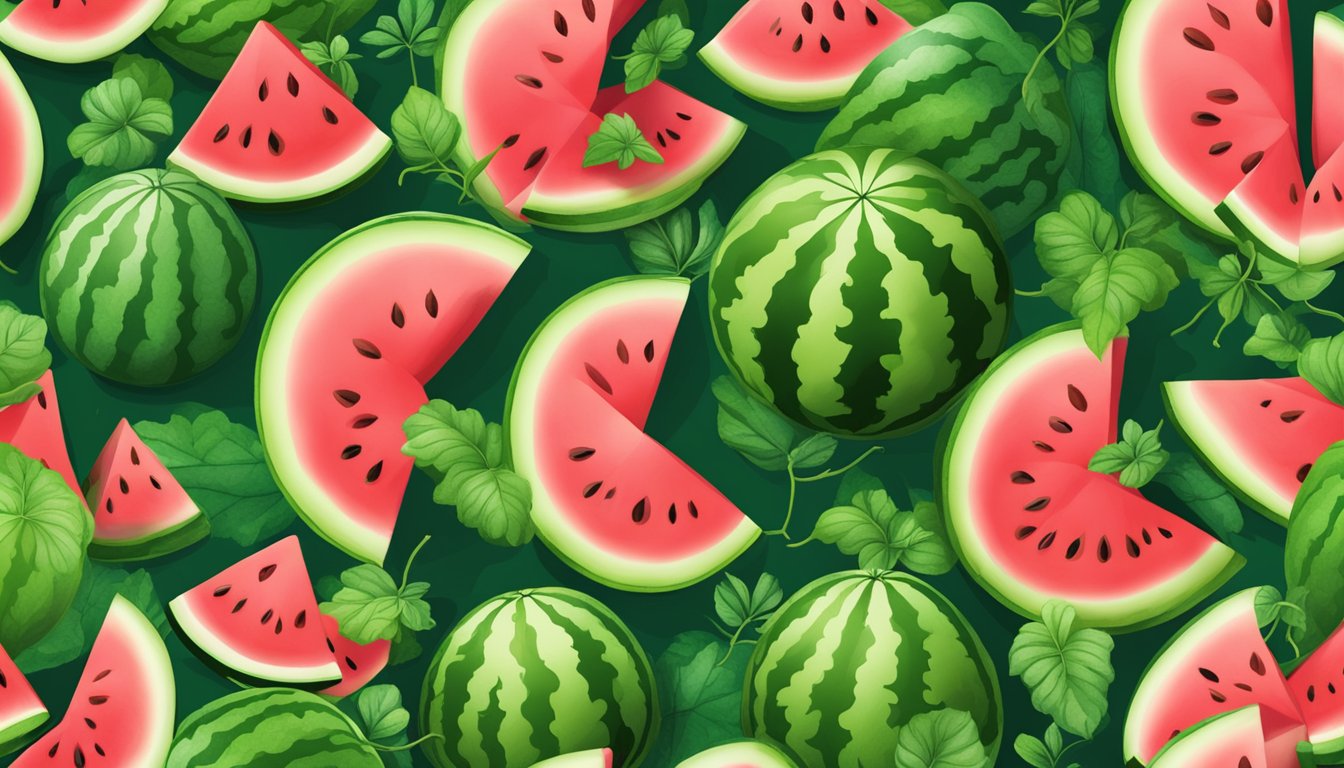 A vibrant watermelon patch with ripe, juicy watermelons of various sizes and shapes, surrounded by lush green vines and leaves