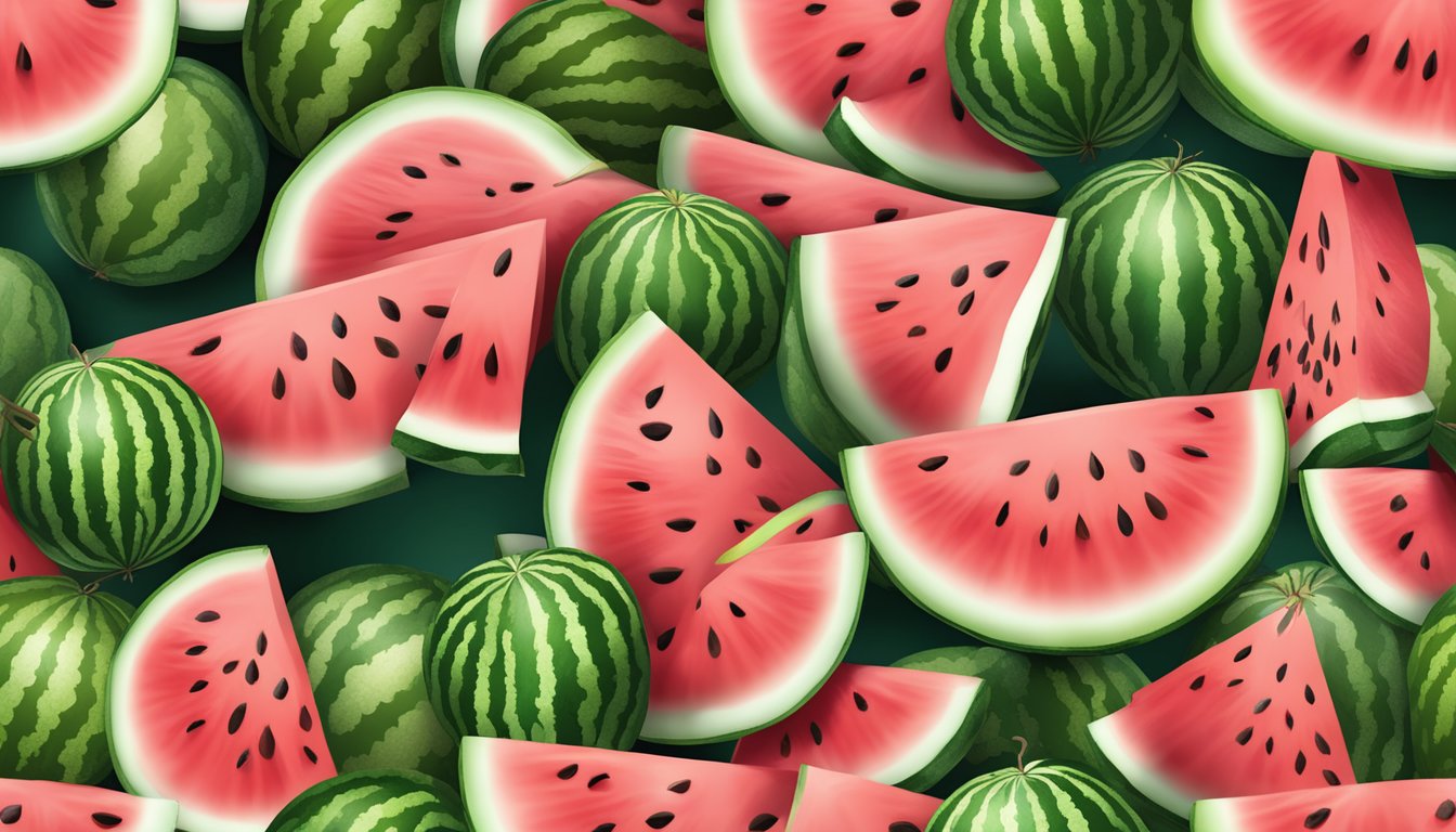 A watermelon patch with various types of watermelons, including one with visible seeds