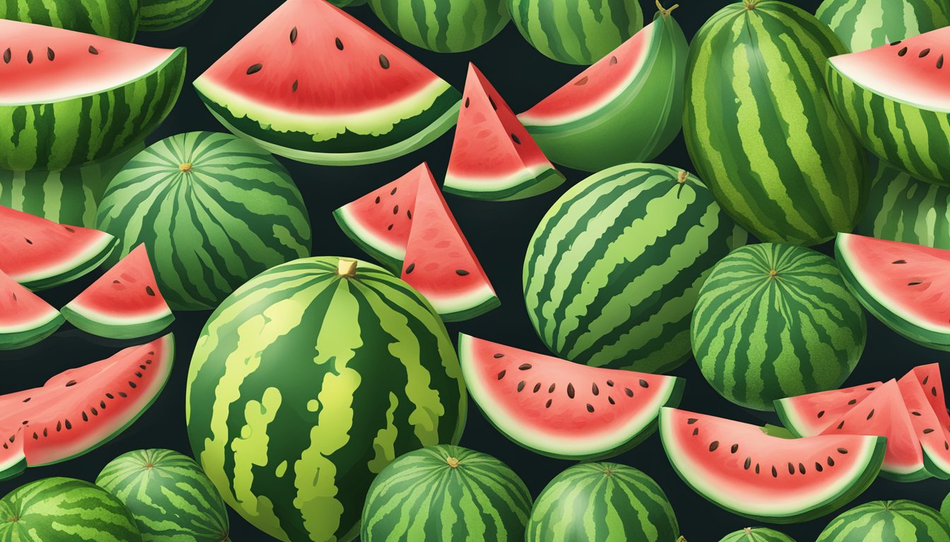 A variety of watermelons arranged in a display, showcasing different shapes and sizes