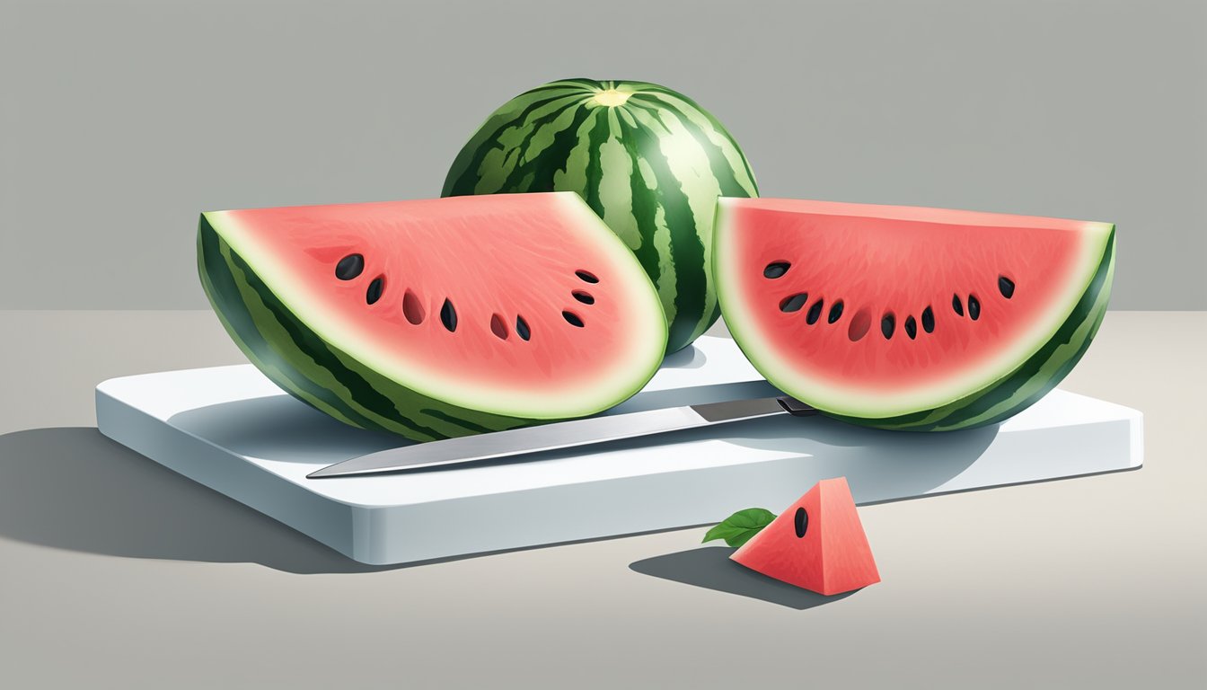 A ripe watermelon being sliced and served on a clean, white cutting board