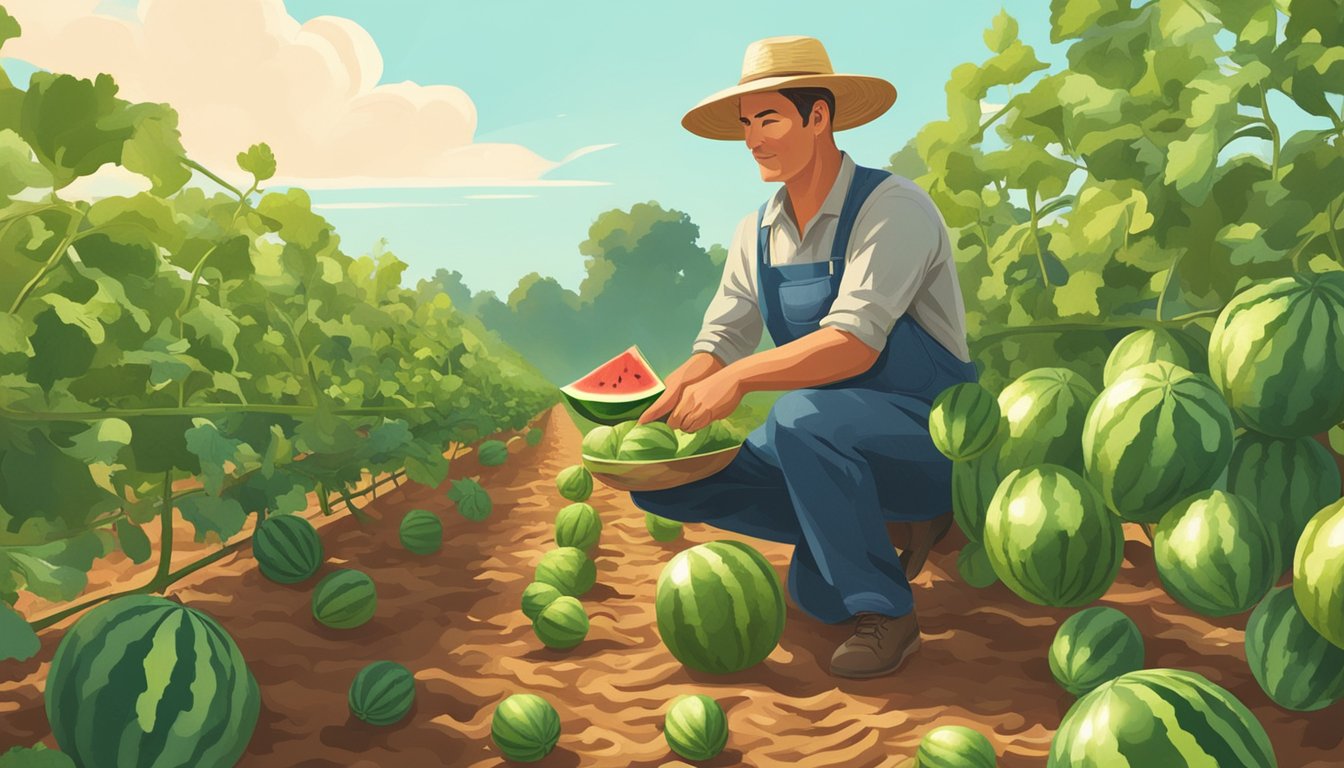 A farmer tending to rows of watermelon vines, ripe watermelons ready for harvesting in a sun-drenched field