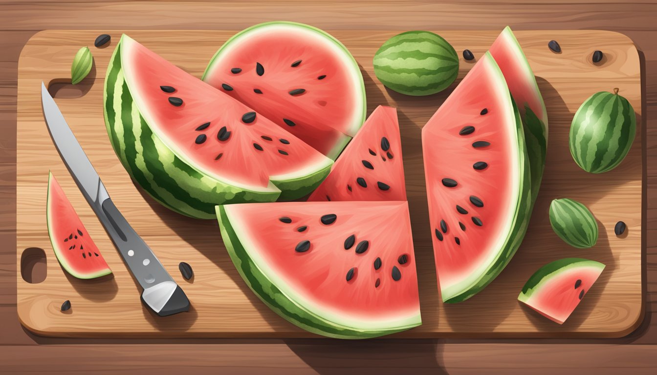 Watermelon seeds scattered on a cutting board next to a freshly cut watermelon