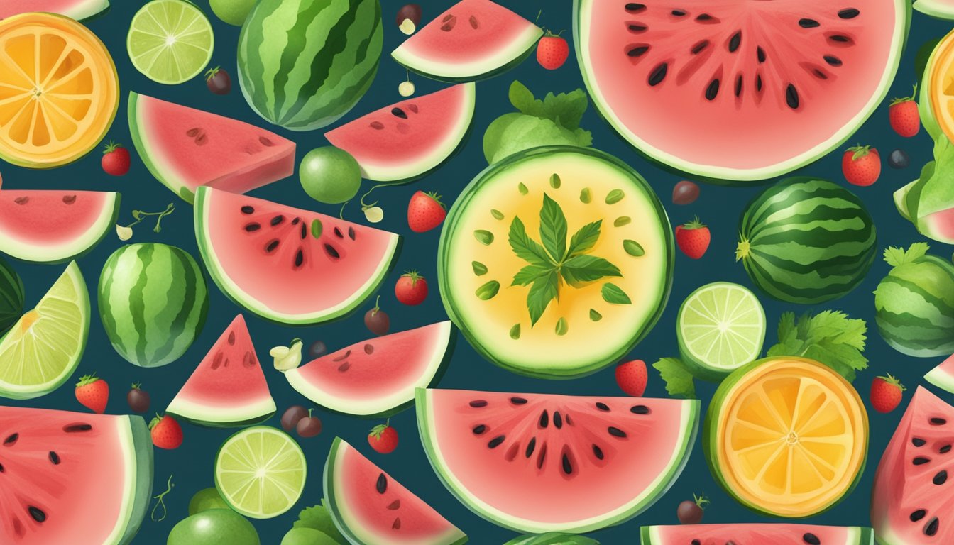 A sliced watermelon surrounded by various fruits and vegetables, with a glass of watermelon juice on the side