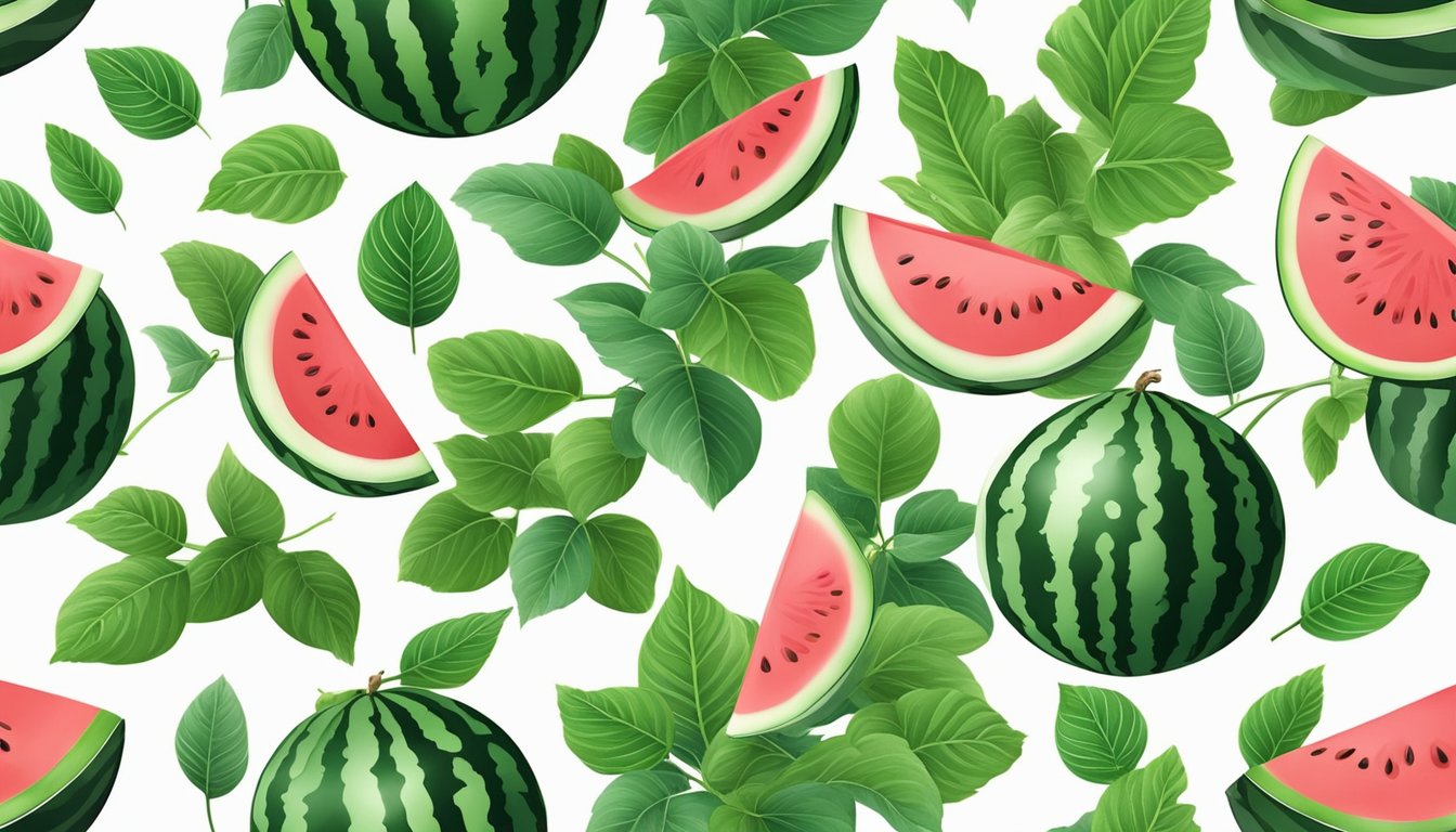 A ripe, juicy watermelon without yellow spots sits on a clean, white surface surrounded by vibrant green leaves