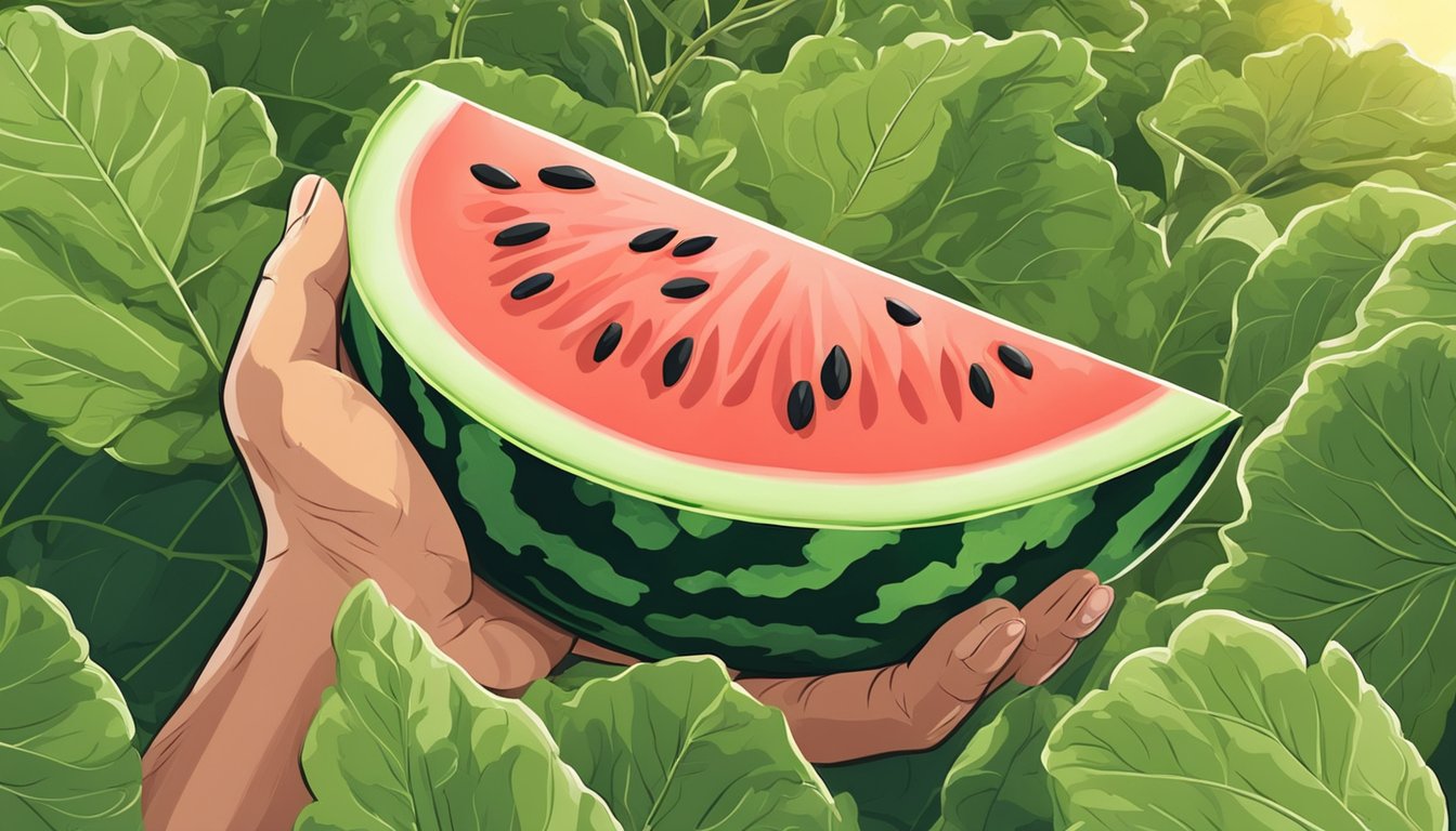 A ripe watermelon with visible seeds sits in a sun-drenched field, surrounded by green vines and leaves. A farmer's hand reaches out to pluck it from the vine