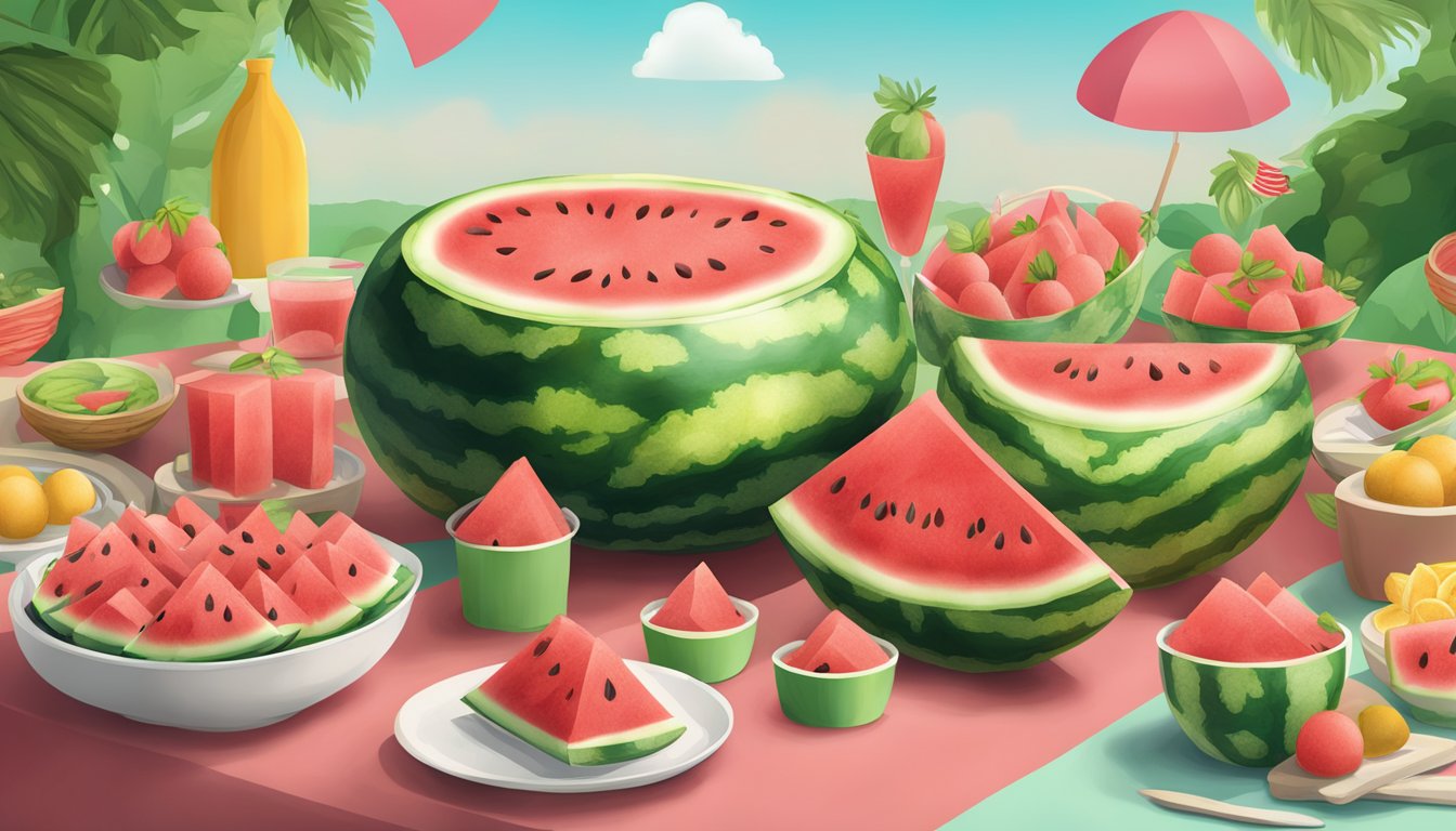 A watermelon-themed picnic with watermelon-shaped products and various watermelon recipes on display