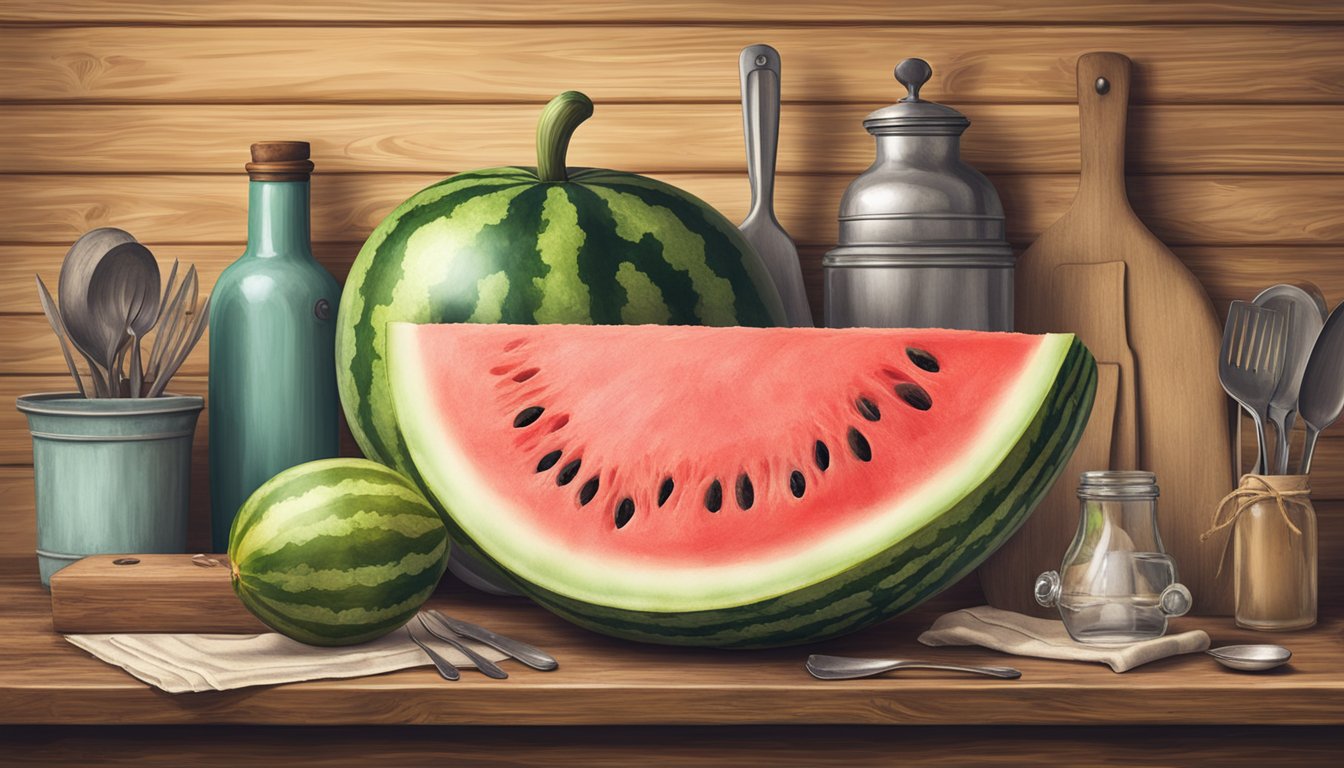 A watermelon sits on a rustic wooden table, surrounded by vintage kitchen utensils and old family photographs