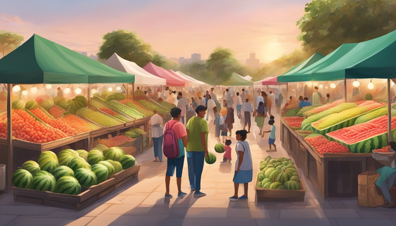 A watermelon patch with varying sizes and shapes, surrounded by market stalls and people