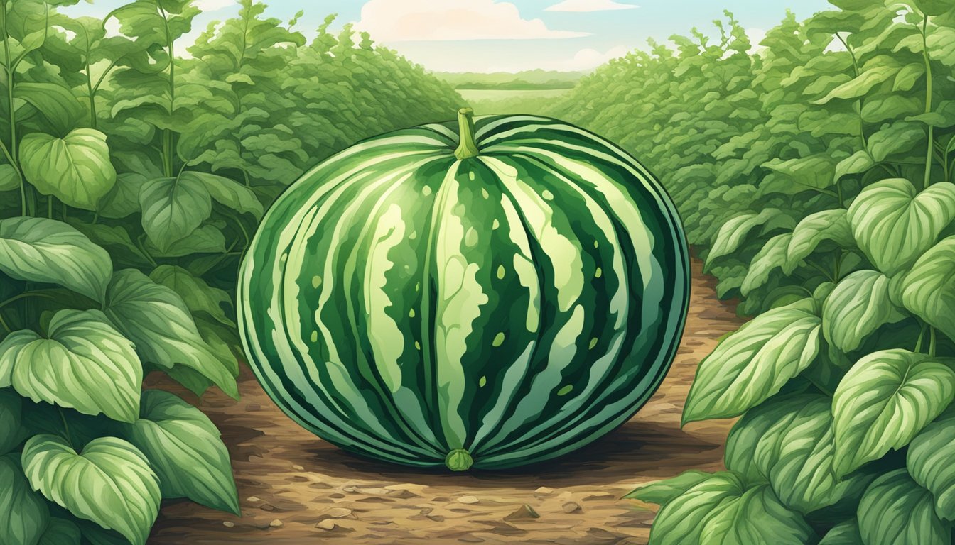 A ripe watermelon sits in a lush green field, surrounded by twisting vines and large leaves, ready for harvest