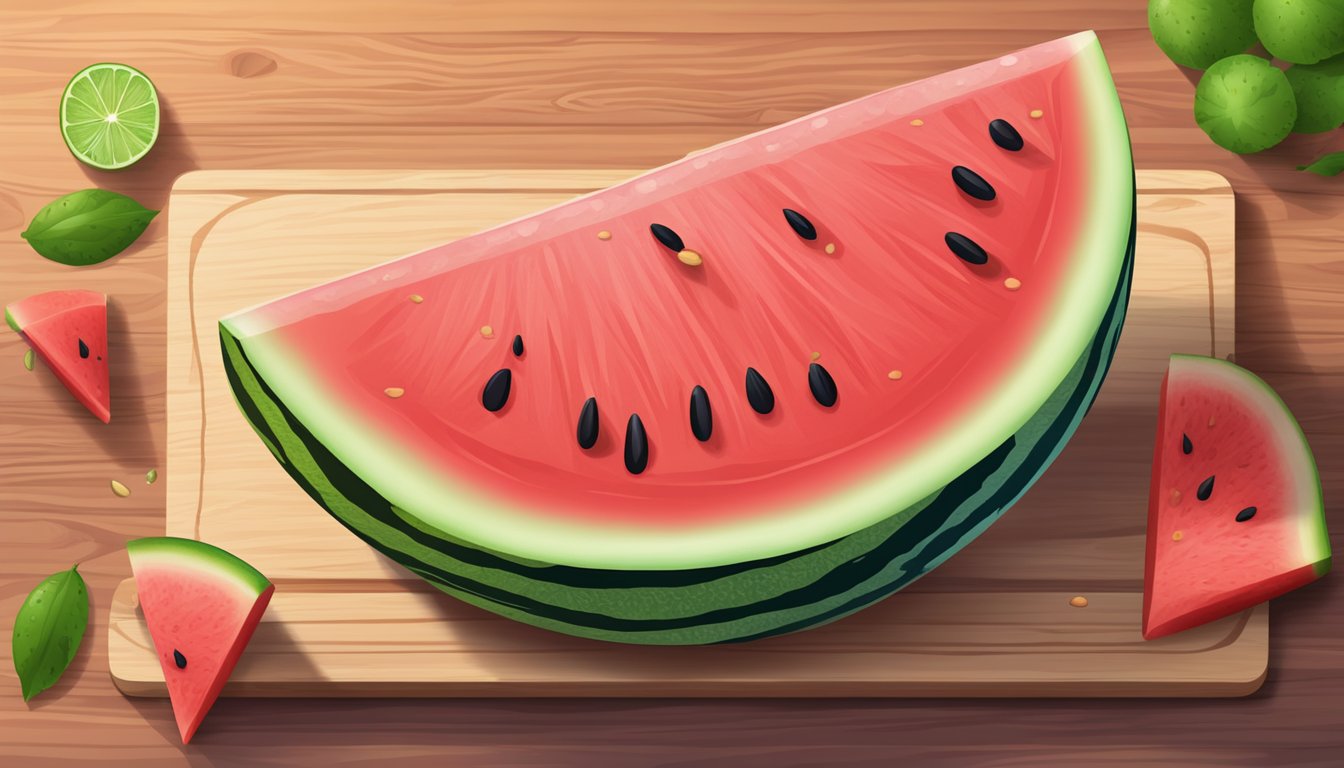 A ripe watermelon sits on a wooden cutting board, surrounded by scattered seeds and a few drops of juice. The vibrant red flesh is juicy and sweet