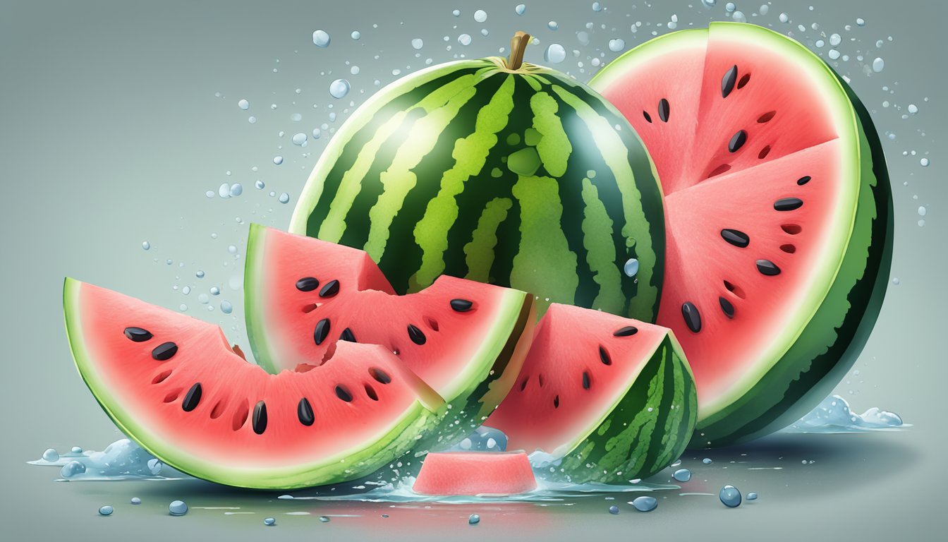 A watermelon sliced open, with juicy red flesh exposed, surrounded by scattered seeds and a few droplets of water