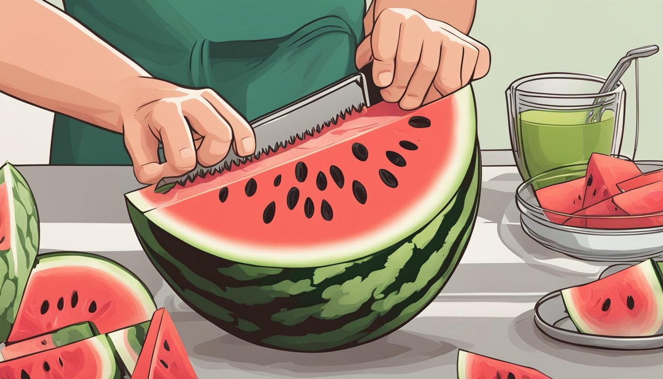 A hand reaching for a ripe watermelon, a knife slicing it open, and juice being poured into a container for preservation