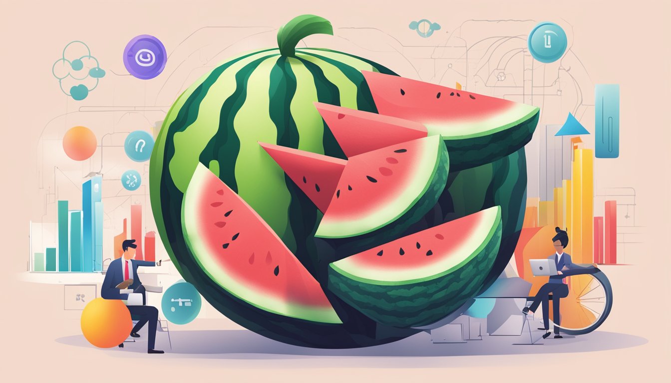 A watermelon being integrated with various business and API symbols