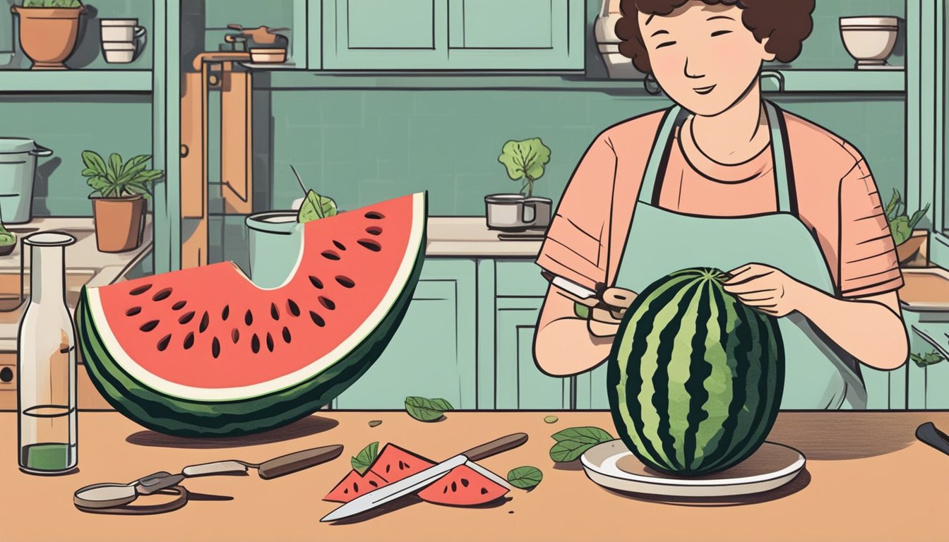 A person cutting open an overripe watermelon with a knife, while another person scoops out the flesh to use in a recipe