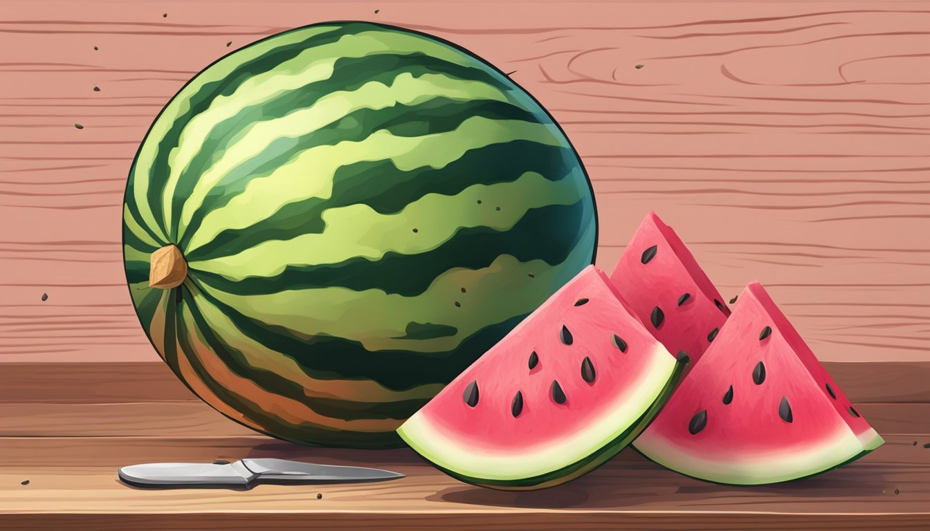 A ripe watermelon sits on a wooden cutting board, surrounded by scattered seeds. A knife cuts through the fruit, revealing its vibrant pink interior