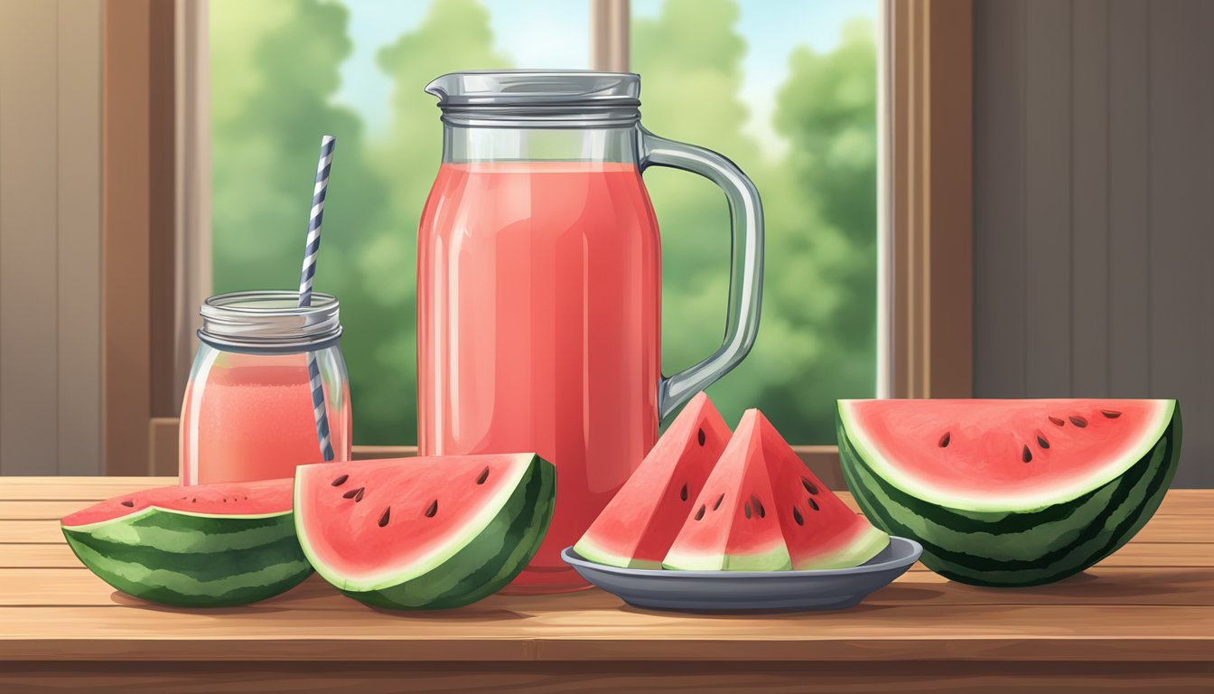 A glass pitcher filled with watermelon juice sits on a wooden table next to a stack of mason jars and a bowl of sliced watermelon