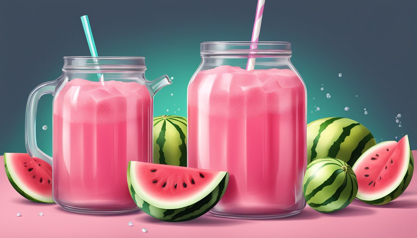 A glass jar filled with vibrant pink watermelon juice, surrounded by fresh watermelon slices and a scattering of sugar and lemon