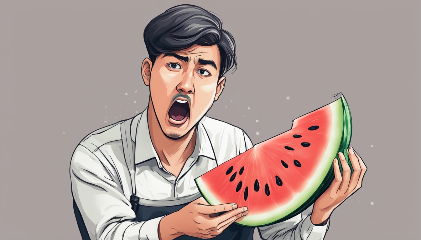 A person spitting out a piece of watermelon with a disgusted expression